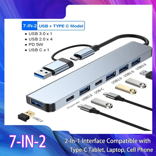 USB-C Hub USB 3.0 HUB C Ports to 7 Ports USB HUB USB Splitter with USB 3.0 4 USB 2.0 and 2 USB C Ports USB Distributor