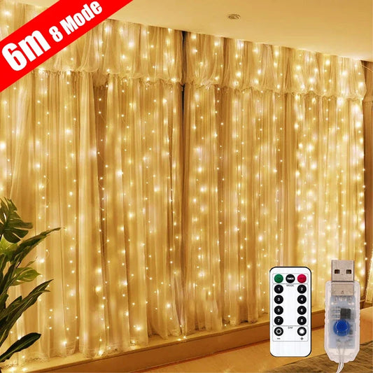 Christmas Lights LED Fairy String Curtain Lights 8 Mode Remote USB Festoon Christmas Decor For Home Holiday New Year Lamp