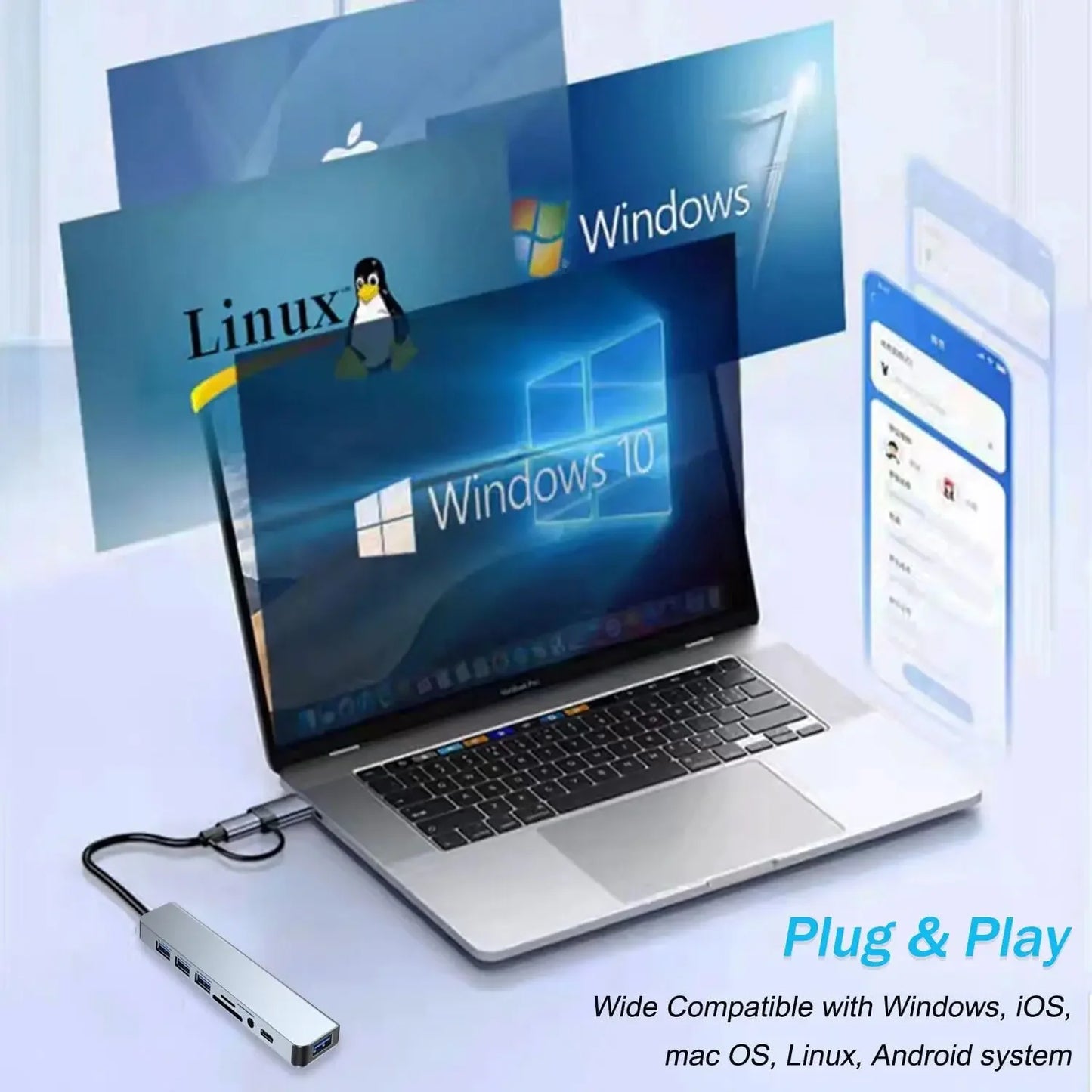 8 In 2 USB HUB With Splitter Card Reader, USB C Port, USB 3.0 / 2.0, SD/TF Splitter Card Reader, Docking Station